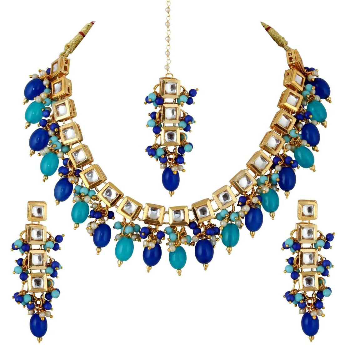 Lucky Jewellery Back Meenakari 18k Gold Plated Multi Color Tika Earring Combo Uncut Big Faux Kundan Choker Necklace set (660-J5SK-1664-FB)