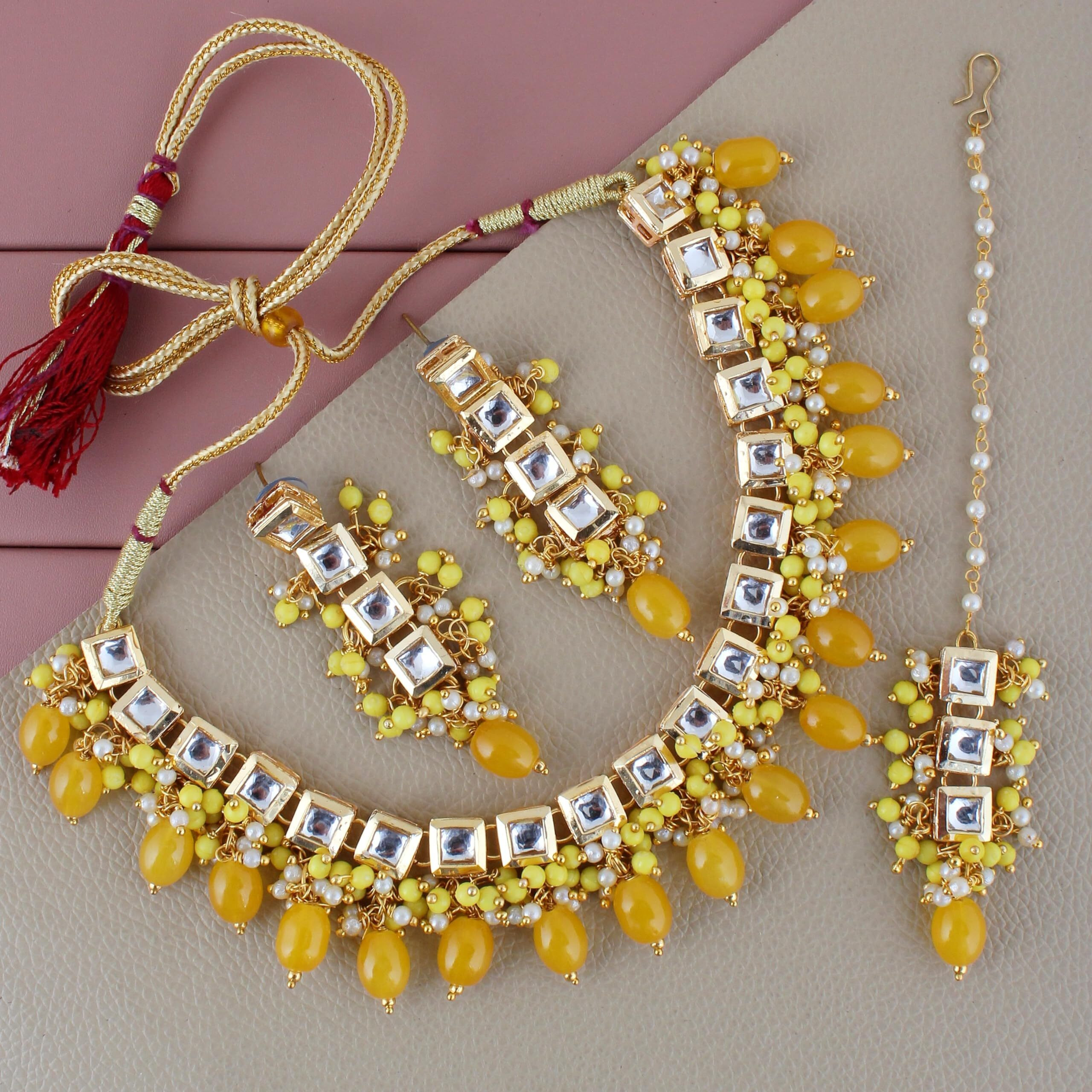 Lucky Jewellery Back Meenakari 18k Gold Plated Yellow Color Tika Earring Combo Uncut Big Faux Kundan Choker Necklace set (660-J5SK-1664-Y)