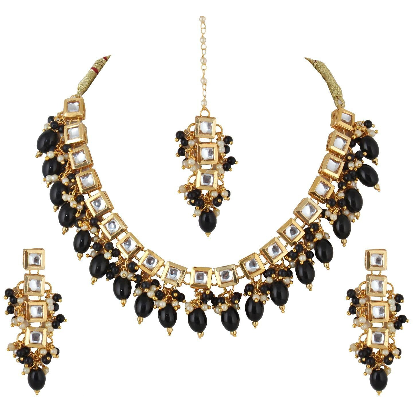 Lucky Jewellery Back Meenakari 18k Gold Plated Black Color Tika Earring Combo Uncut Big Faux Kundan Choker Necklace set (660-J5SK-1664-BL)