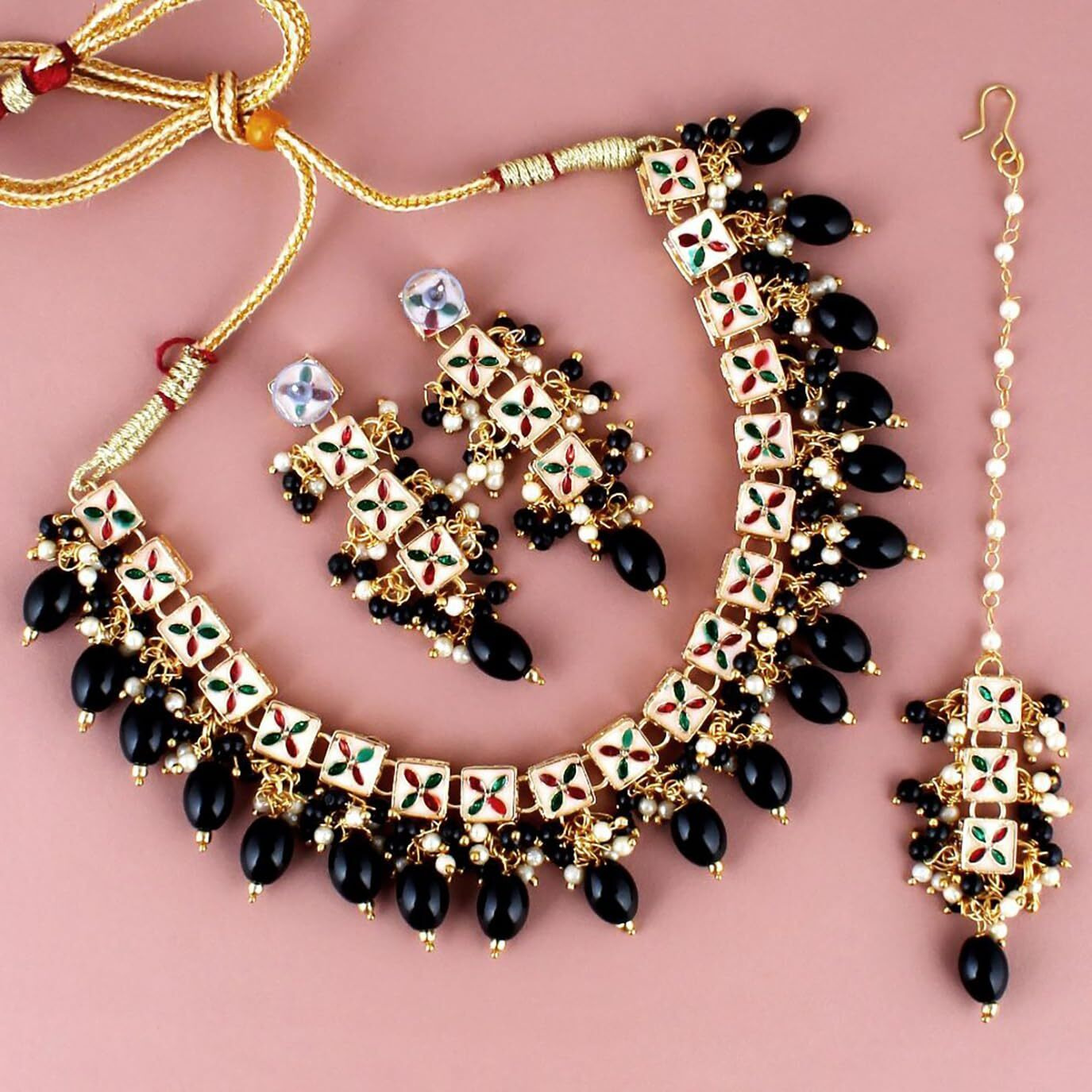 Lucky Jewellery Back Meenakari 18k Gold Plated Black Color Tika Earring Combo Uncut Big Faux Kundan Choker Necklace set (660-J5SK-1664-BL)