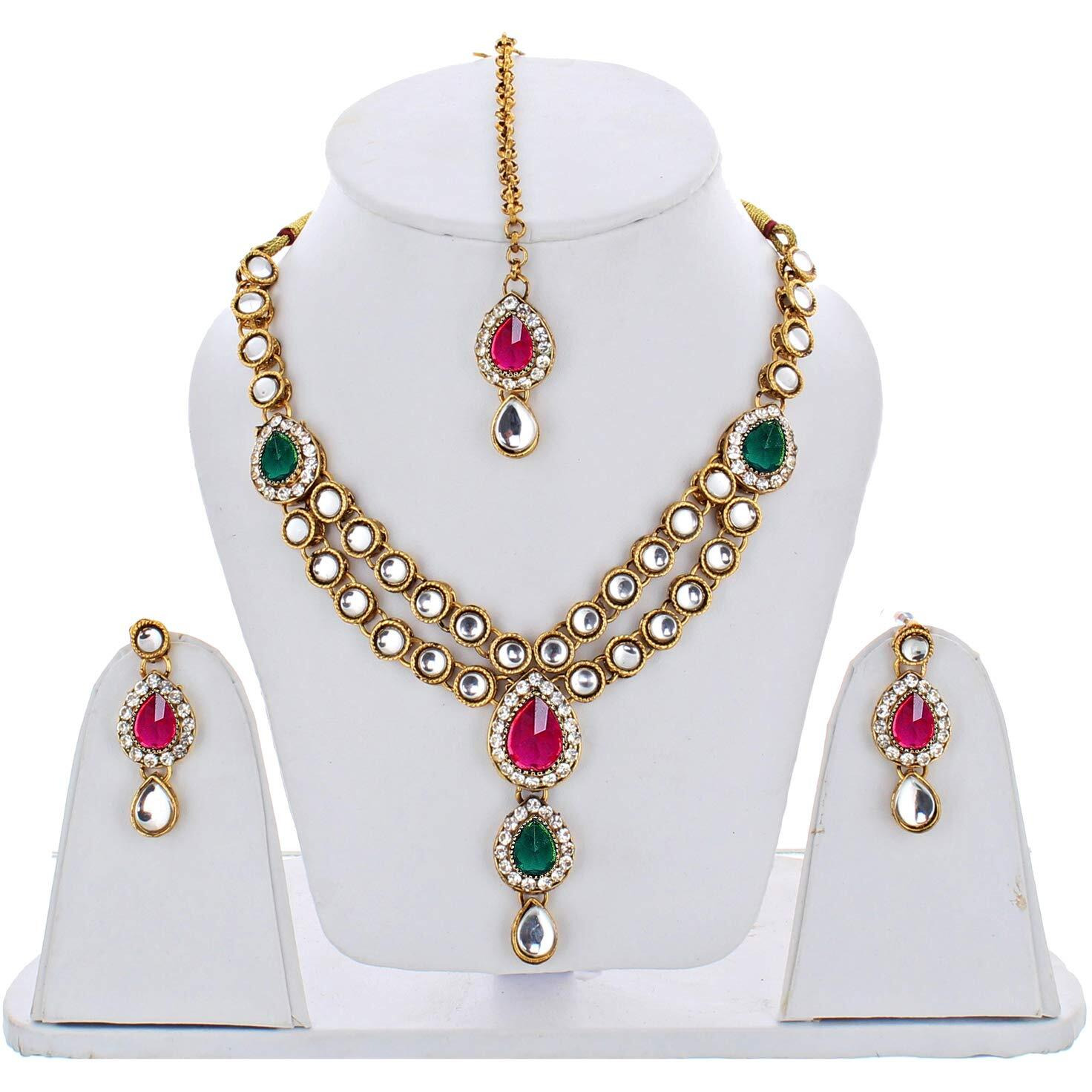 Lucky Jewellery Designer Magenta Green Color Stone Kundan Double Locket Necklace Set With Earring And Tikka For Girls & Women