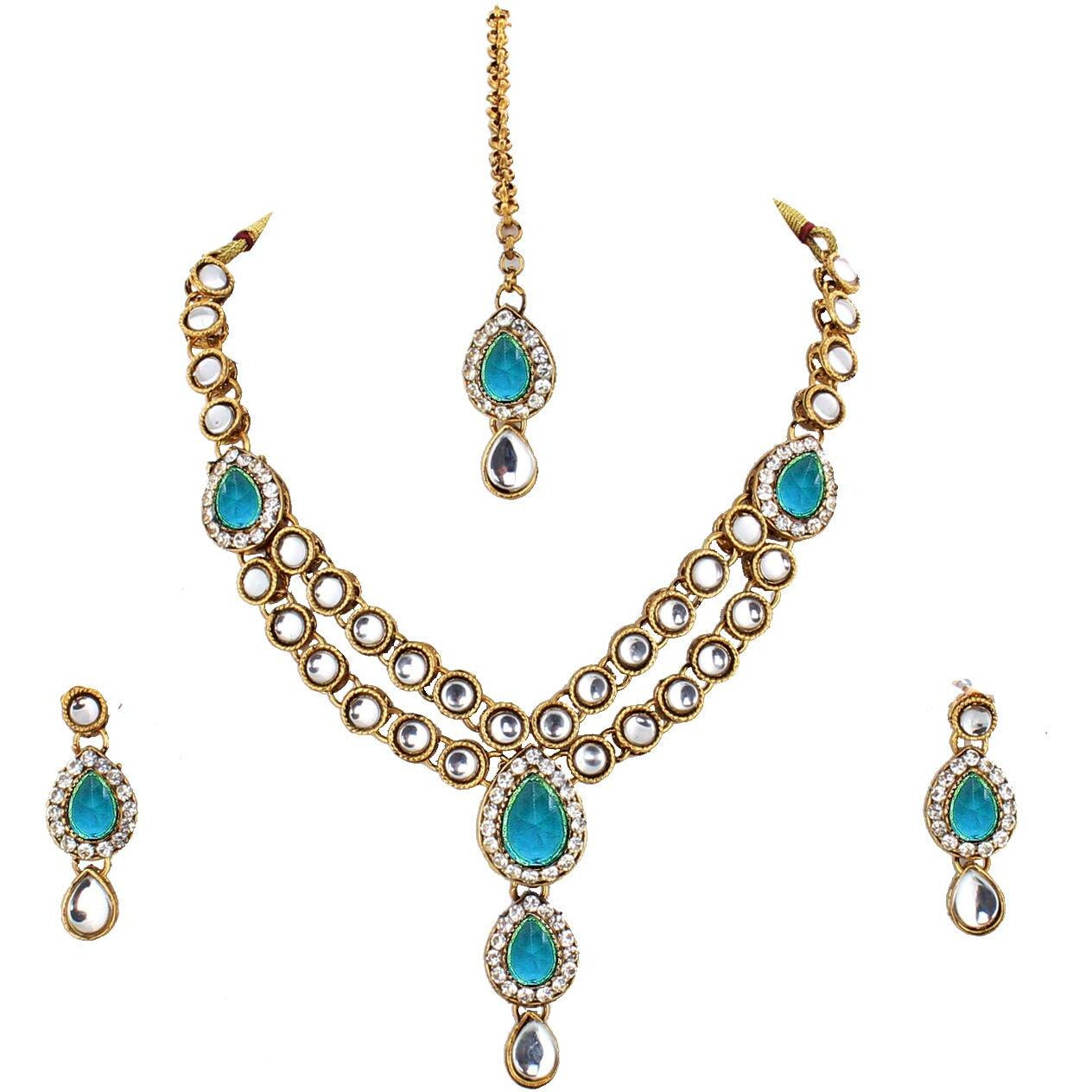 Lucky Jewellery Designer Feroji Color Stone Kundan Double Locket Necklace Set With Earring And Tikka For Girls & Women