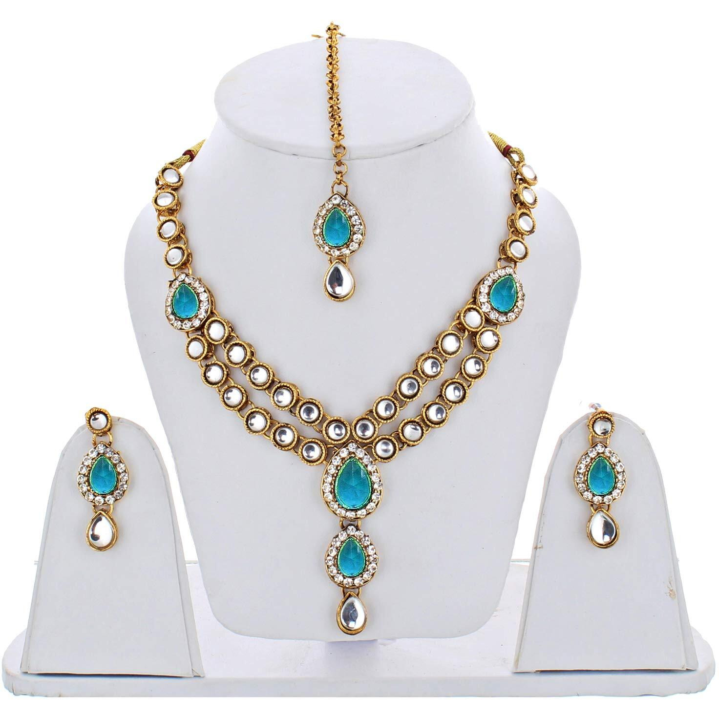 Lucky Jewellery Designer Feroji Color Stone Kundan Double Locket Necklace Set With Earring And Tikka For Girls & Women