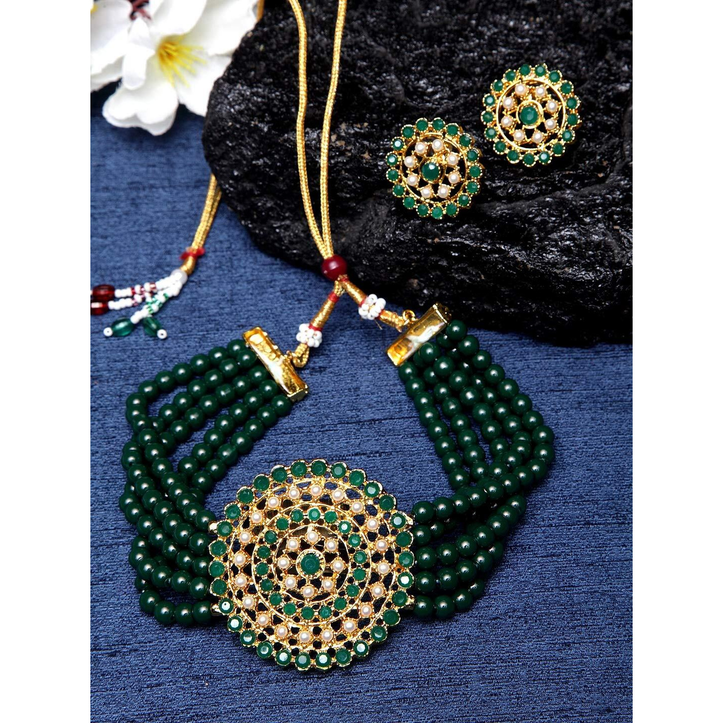 Shining Diva Fashion Latest Choker Design Traditional Stylish Fancy Green Pearl Necklace Jewellery Set for Women (A12083s)