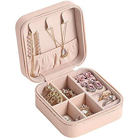 BUYORY Jewellery Organiser Box, Jewellery Box For Women,Portable Travel Jewellery Organiser Pouch, Small Jewellery Box Organiser For Ring, Pendant, Earring, Necklace, Bracelet (Pink, Faux Leather)