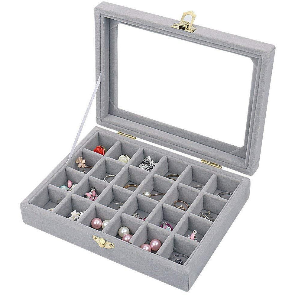 BucketList Womens Velvet Glass Ring Earrings Jewelry Box - Display Storage Showcase Holder Organizer (24 Grid Jewellery Box Grey)