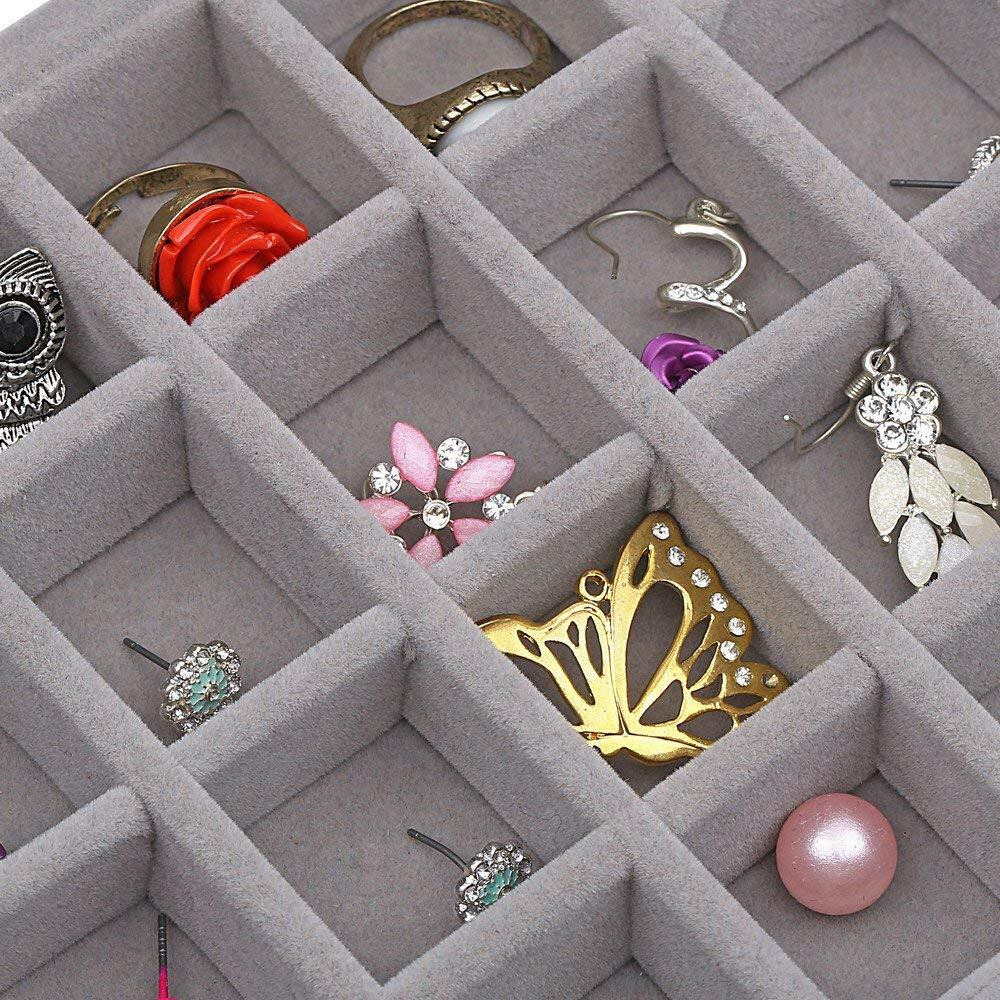 BucketList Womens Velvet Glass Ring Earrings Jewelry Box - Display Storage Showcase Holder Organizer (24 Grid Jewellery Box Grey)