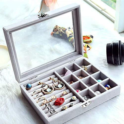 BucketList Womens Velvet Glass Ring Earrings Jewelry Box - Display Storage Showcase Holder Organizer (9 Grid 9 Rows Grey)