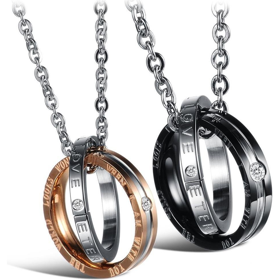 U365 Matching Couples Necklace Titanium Stainless Steel Eternal Love Rings Pendant Set for Men Women with Curb Chains