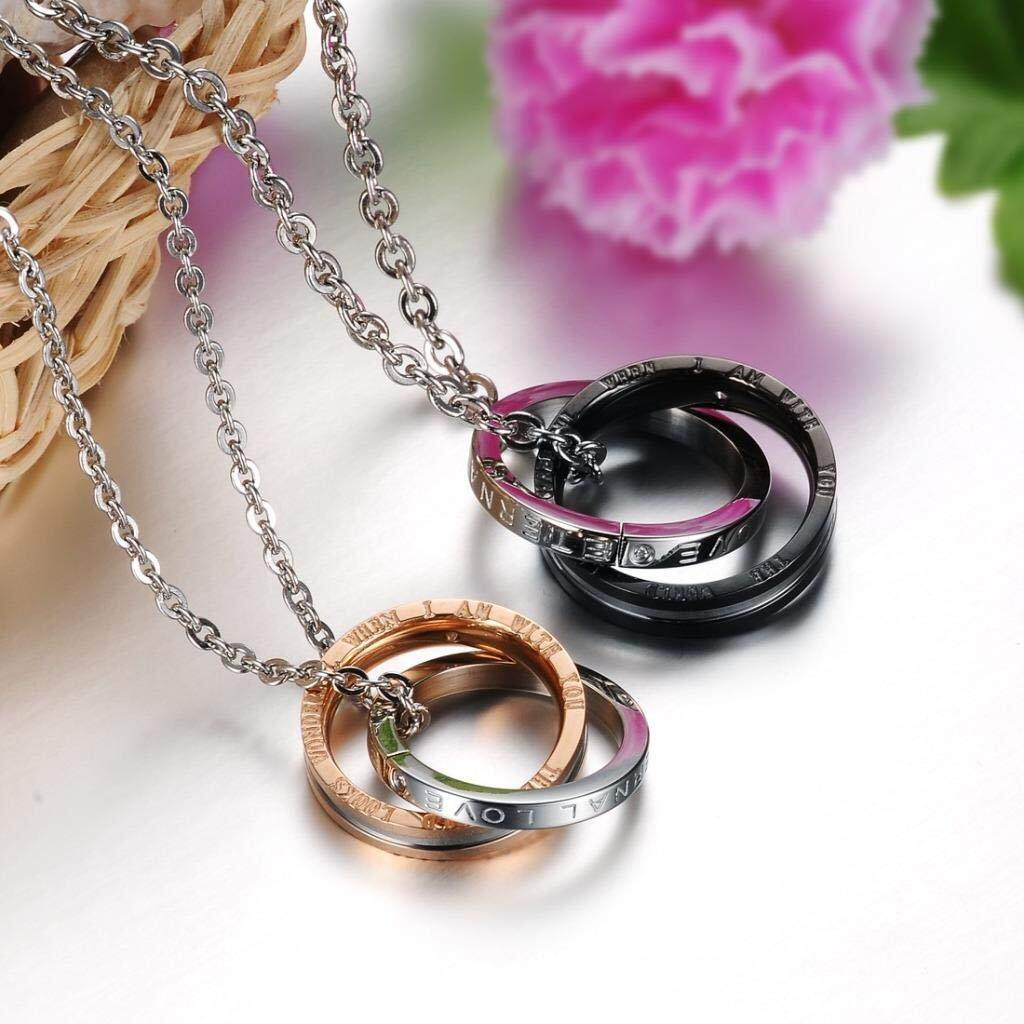 U365 Matching Couples Necklace Titanium Stainless Steel Eternal Love Rings Pendant Set for Men Women with Curb Chains