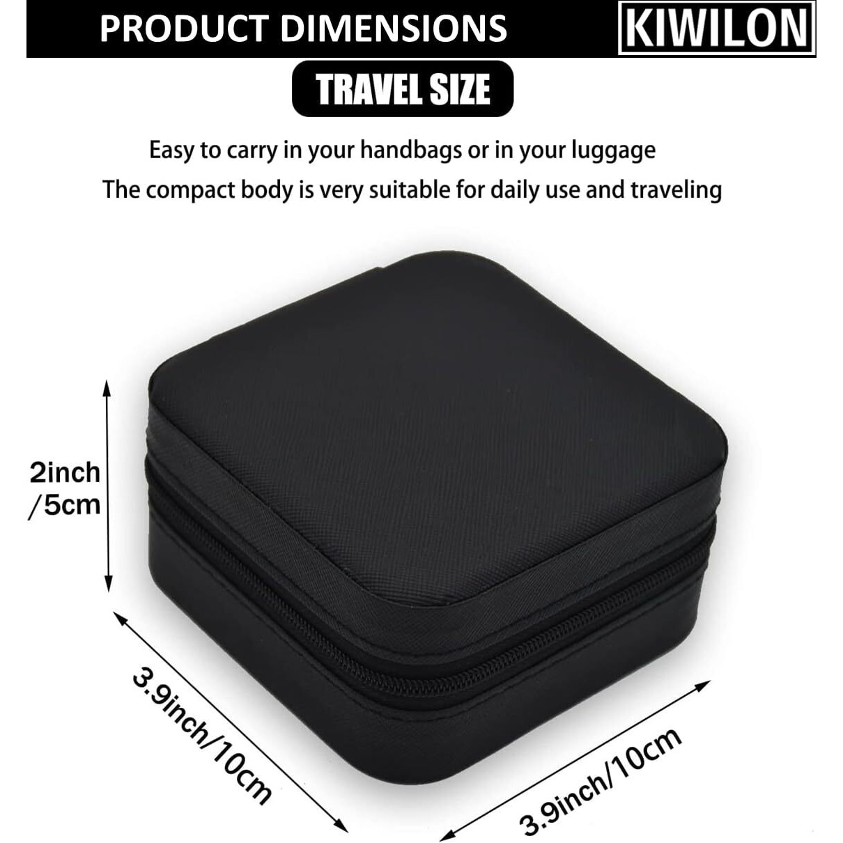 Kiwilon Mini Jewellery Organizers Box PU Letharite Organiser For Women With Zipper And Valvet Interior Jewlry Pouch for Rings, Earrings, Necklaces (Black)