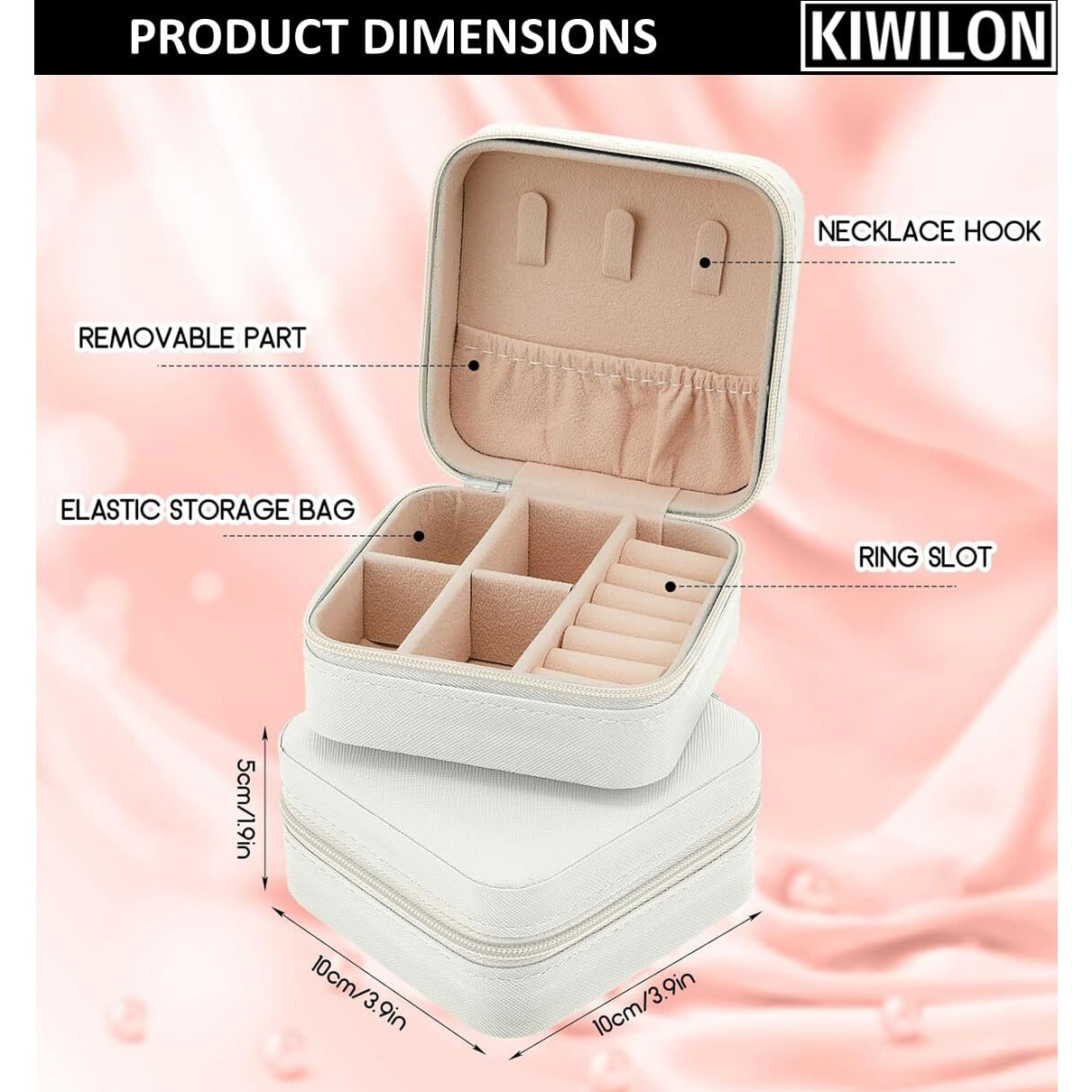 Kiwilon Mini Jewellery Organizers Box PU Letharite Organiser For Women With Zipper And Valvet Interior Jewlry Pouch for Rings, Earrings, Necklaces (White)