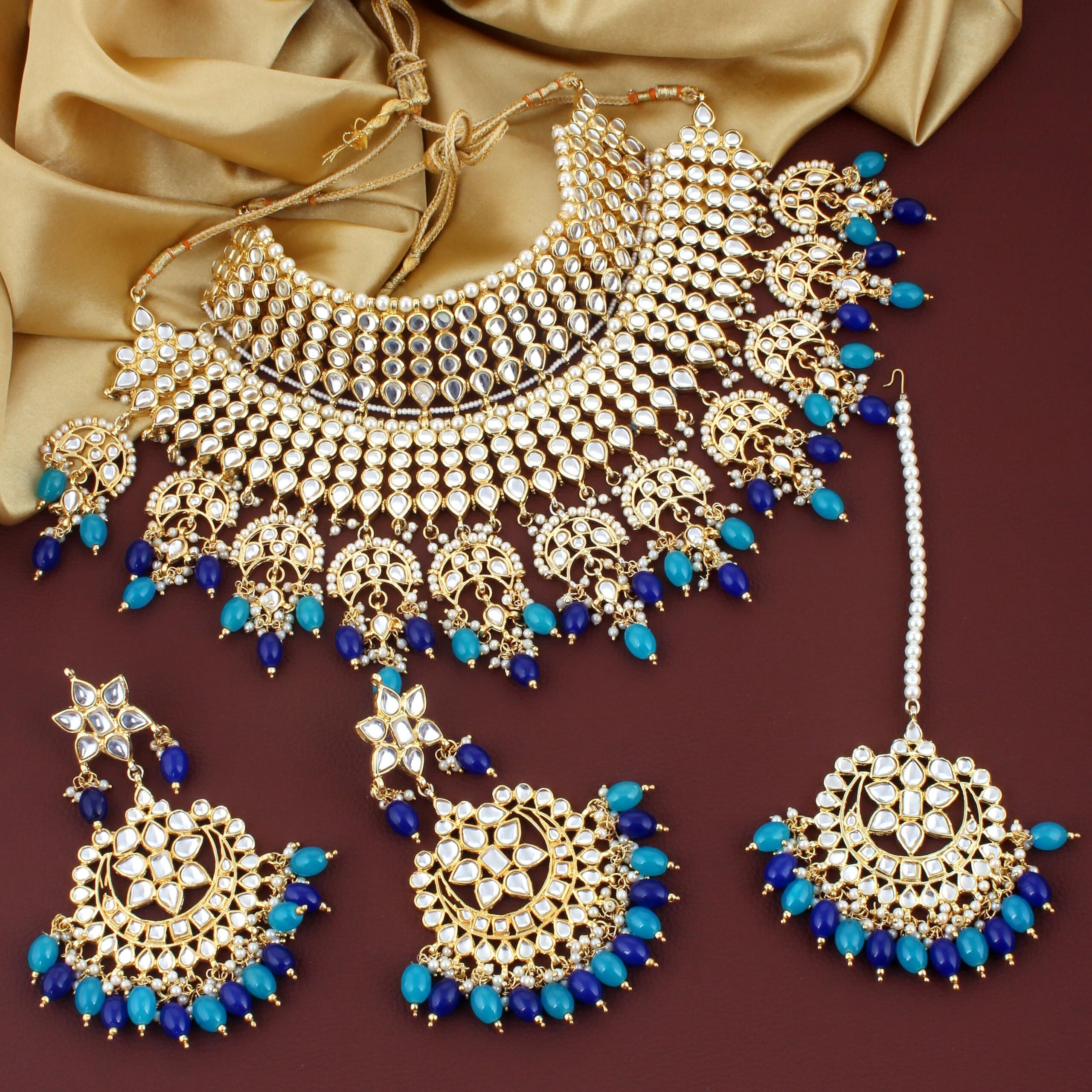 Lucky Jewellery Designer Gold Plating Firoji and Blue Color Pearl with Kundan Choker Bridal Necklace Set For Girls & Women (4200-QSK-564-FB)