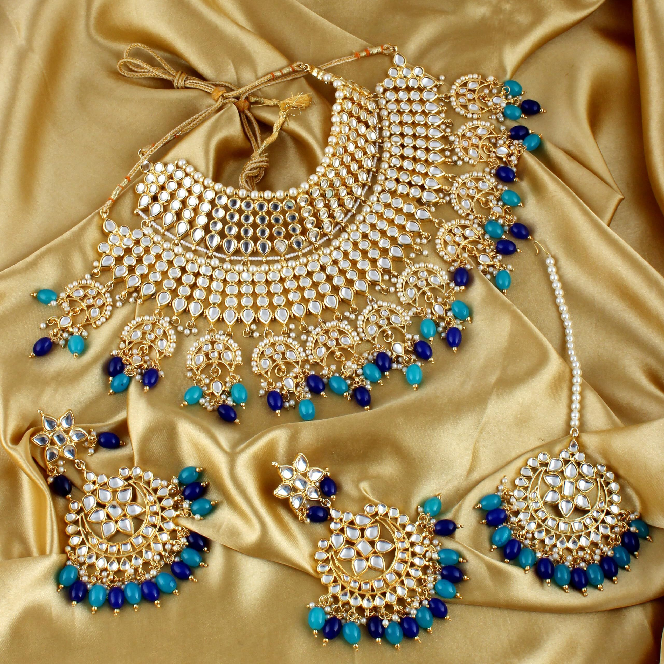 Lucky Jewellery Designer Gold Plating Firoji and Blue Color Pearl with Kundan Choker Bridal Necklace Set For Girls & Women (4200-QSK-564-FB)