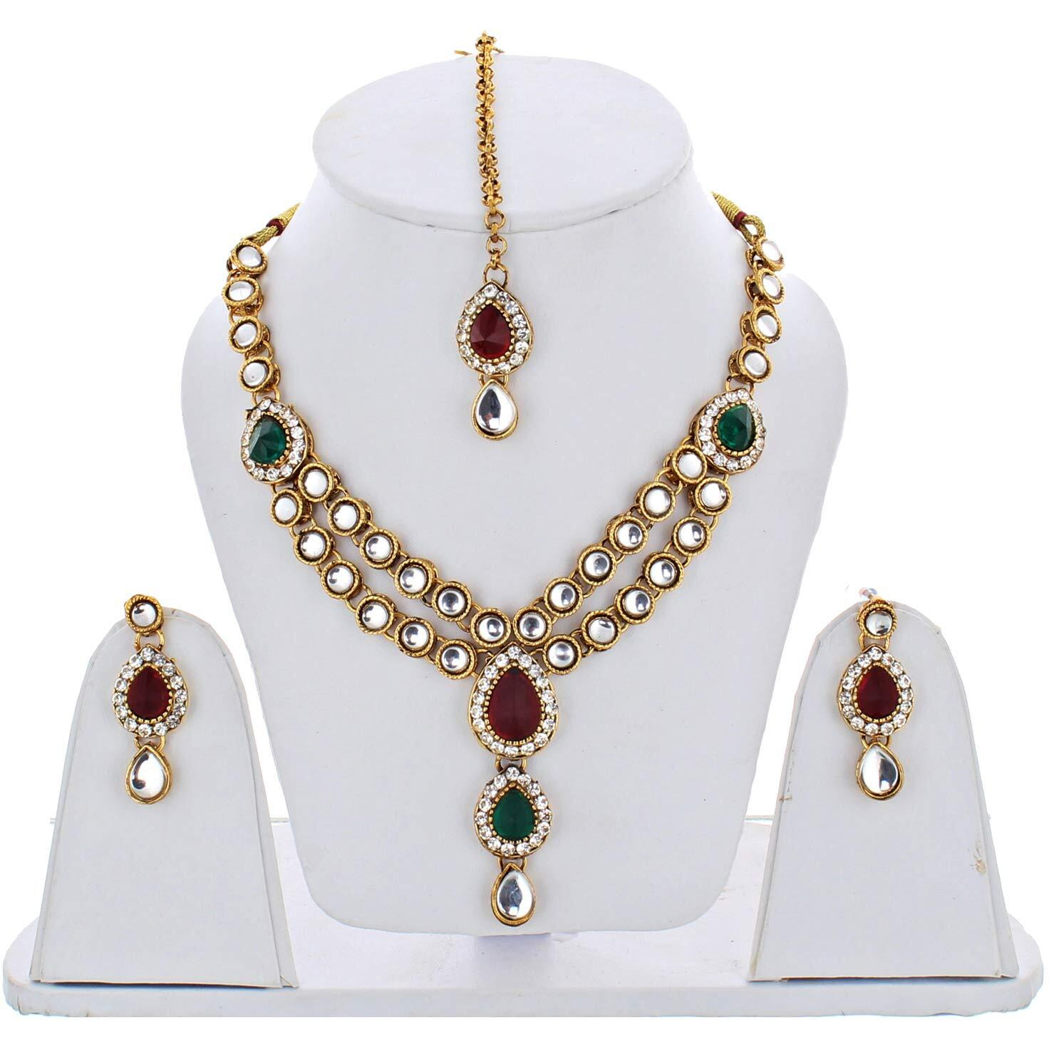 Lucky Jewellery Designer Maroon Green Color Stone Kundan Double Locket Necklace Set With Earring And Tikka For Girls & Women