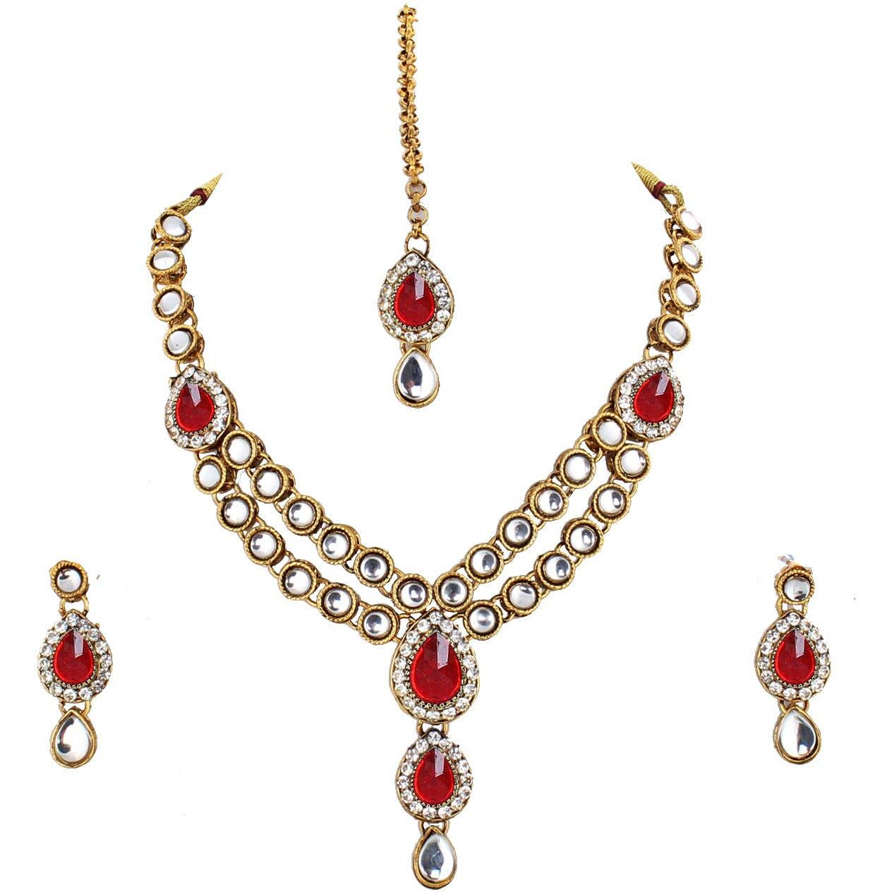 Lucky Jewellery Designer Red Color Stone Kundan Double Locket Necklace Set With Earring And Tikka For Girls & Women