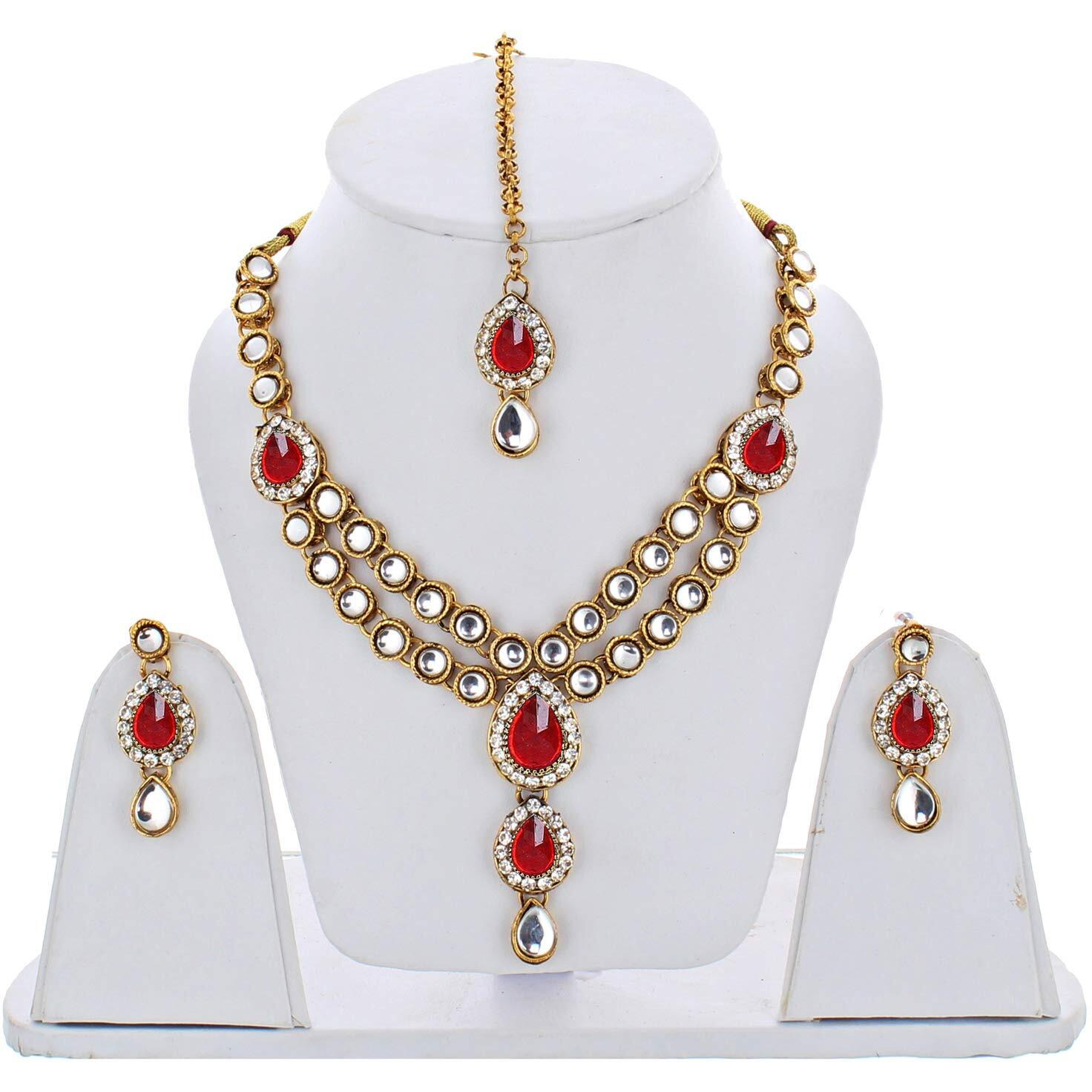 Lucky Jewellery Designer Red Color Stone Kundan Double Locket Necklace Set With Earring And Tikka For Girls & Women