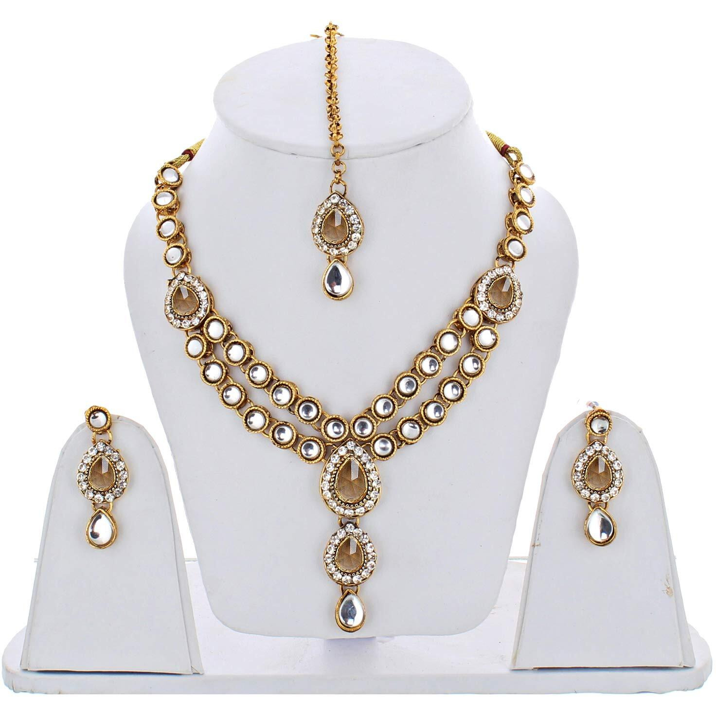 Lucky Jewellery Designer LCT Color Stone Kundan Double Locket Necklace Set With Earring And Tikka For Girls & Women