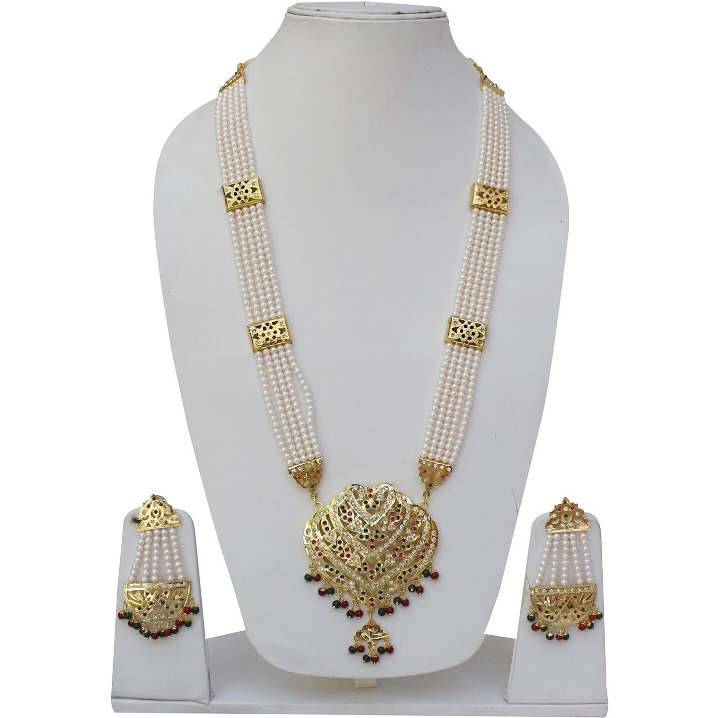 Lucky Jewellery Designer Magenta Green Color Gold Plated Pearl Layered Guluband Necklace with Earring for Girls & Women (1200-CGN-C576-RG)