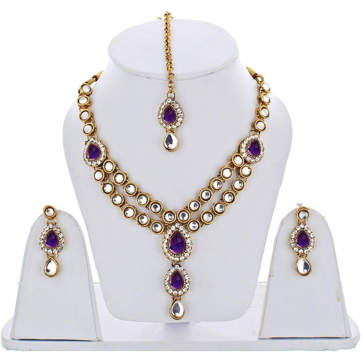 Lucky Jewellery Designer Purple Color Stone Kundan Double Locket Necklace Set With Earring And Tikka For Girls & Women