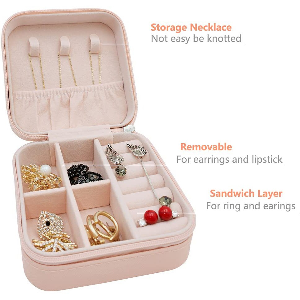 TRODANCE Faux Leather Mini Jewelry Travel Case,Small Travel Jewelry Organizer, Portable Jewelry Box Travel Mini Storage Organizer Portable Display Storage Box For Rings Earrings Necklaces Gifts (Pink)