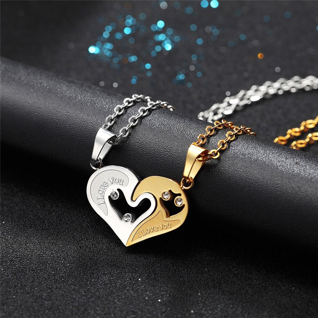 Couple Heart/Cat Necklaces, 2pcs Necklaces/Set, Black/18K Real Gold Plated 316L Stainless Steel, Mens Womens Jewelry (with Gift Box)