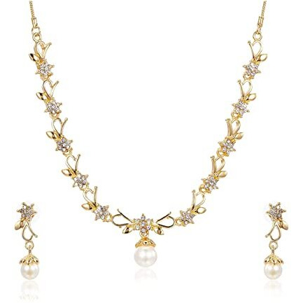 Estele 24kt Gold Plated Austrian Crystal With Flux Pearl Drop Necklace set With Earrings For Womens, One Size (8741 NKER)