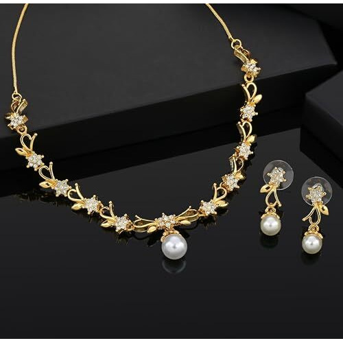 Estele 24kt Gold Plated Austrian Crystal With Flux Pearl Drop Necklace set With Earrings For Womens, One Size (8741 NKER)