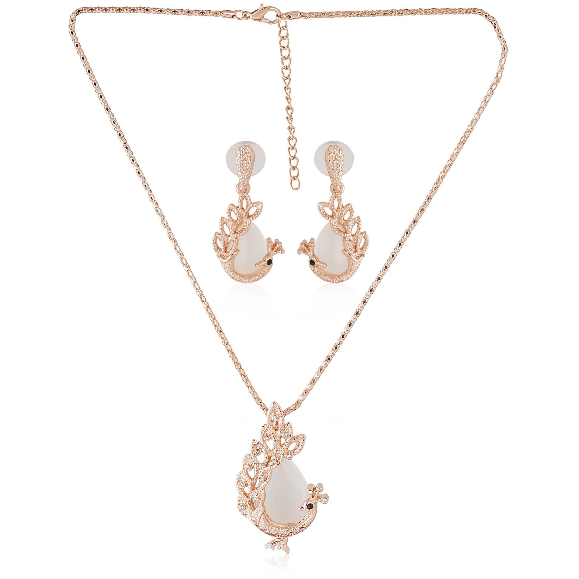 Estele 24kt Rose Gold Plated Textured Peacock Necklace and Matching Earring for Women with Austrian Crystals and Moonstone Cabochons