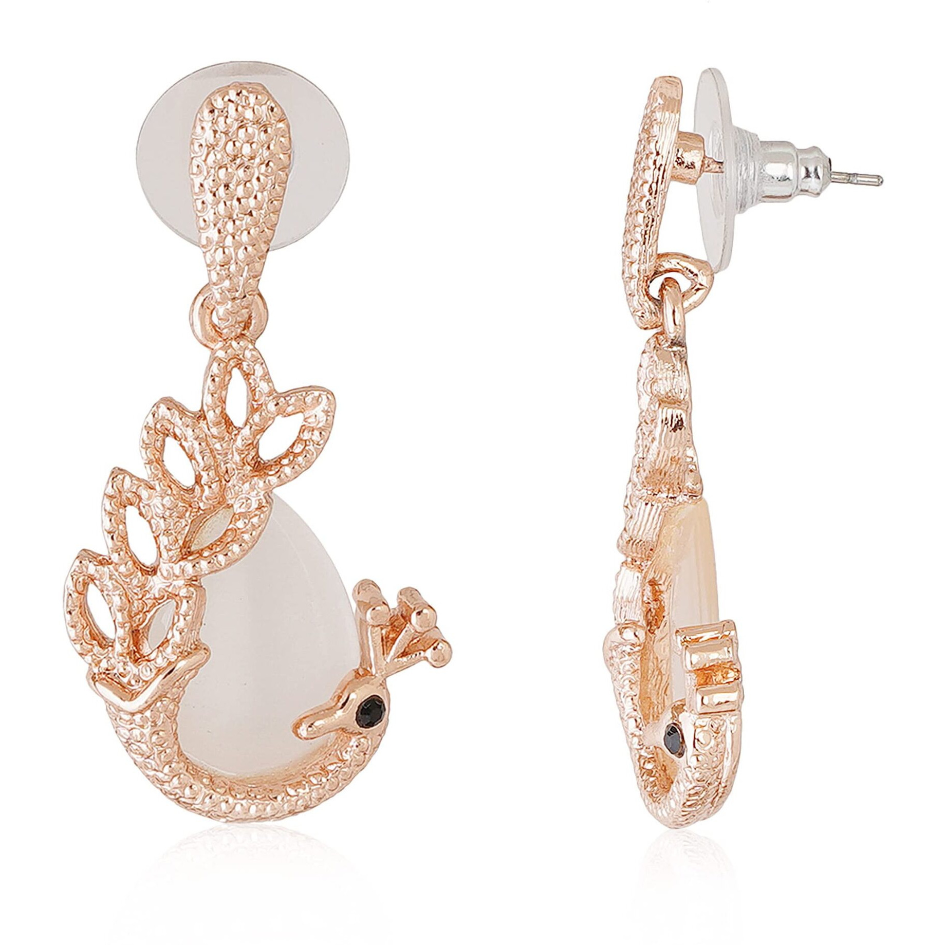 Estele 24kt Rose Gold Plated Textured Peacock Necklace and Matching Earring for Women with Austrian Crystals and Moonstone Cabochons