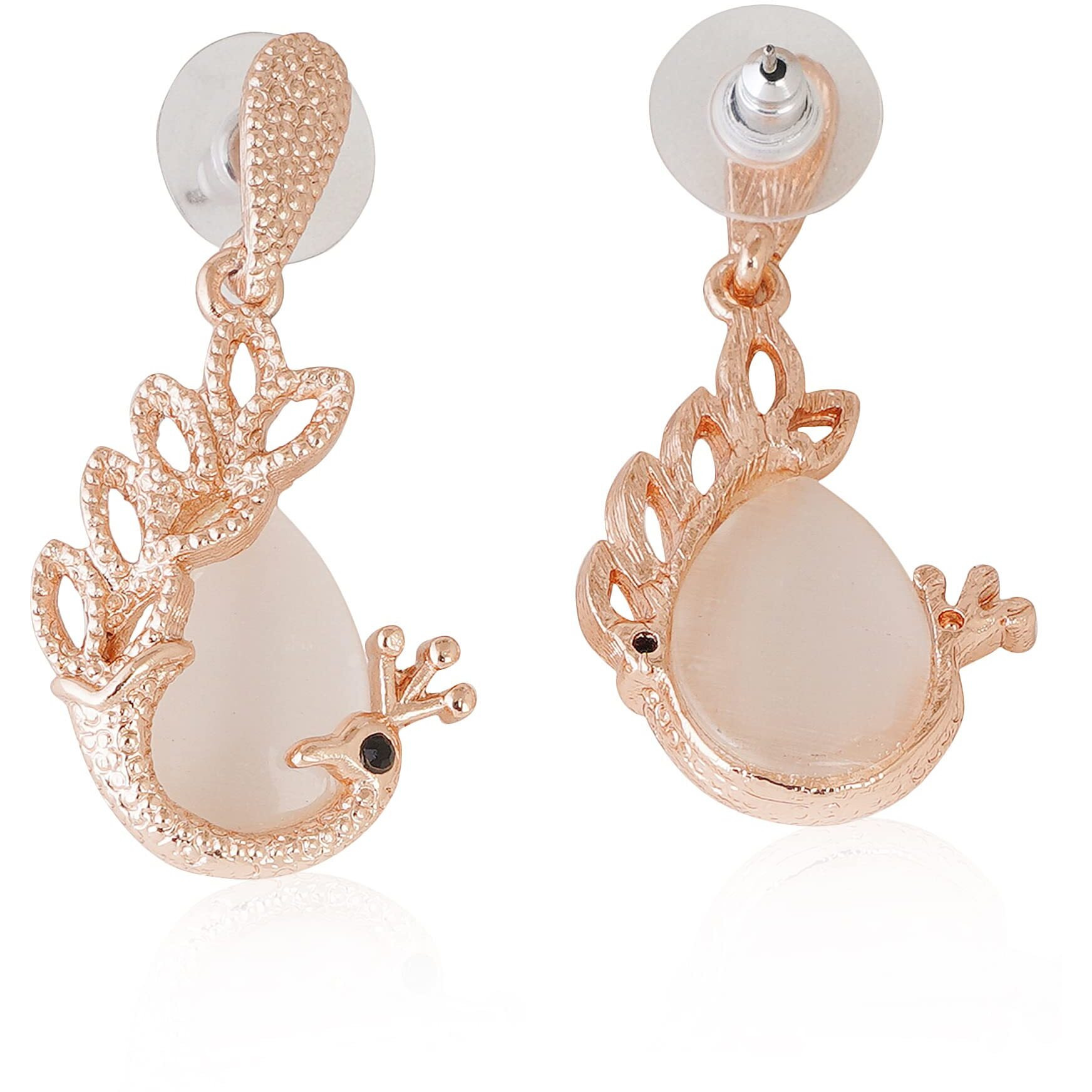 Estele 24kt Rose Gold Plated Textured Peacock Necklace and Matching Earring for Women with Austrian Crystals and Moonstone Cabochons