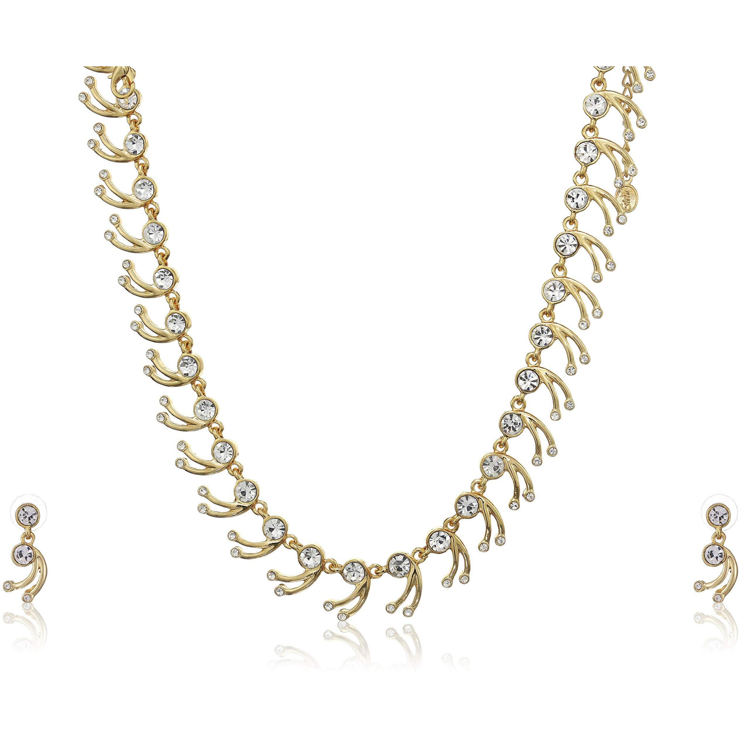 Estele 24Kt Gold Plated CZ Diamond with Leafy Design Necklace Set for Women