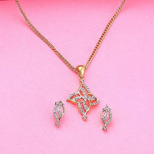 Estele 24 Kt Gold Plated American Diamond Flower Necklace Set for Women_adjustable