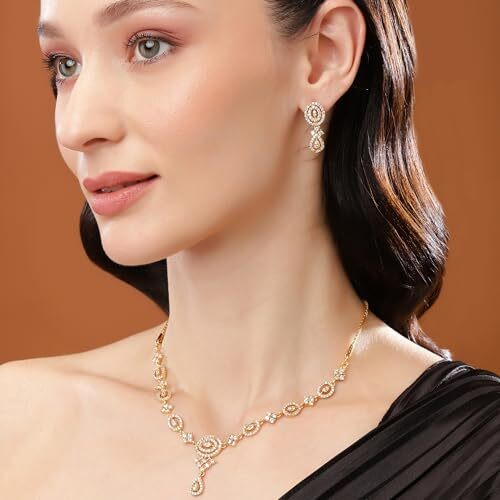 Estele 24 Kt Gold Plated Oval Drop Shaped in American Diamond Necklace Set for Women