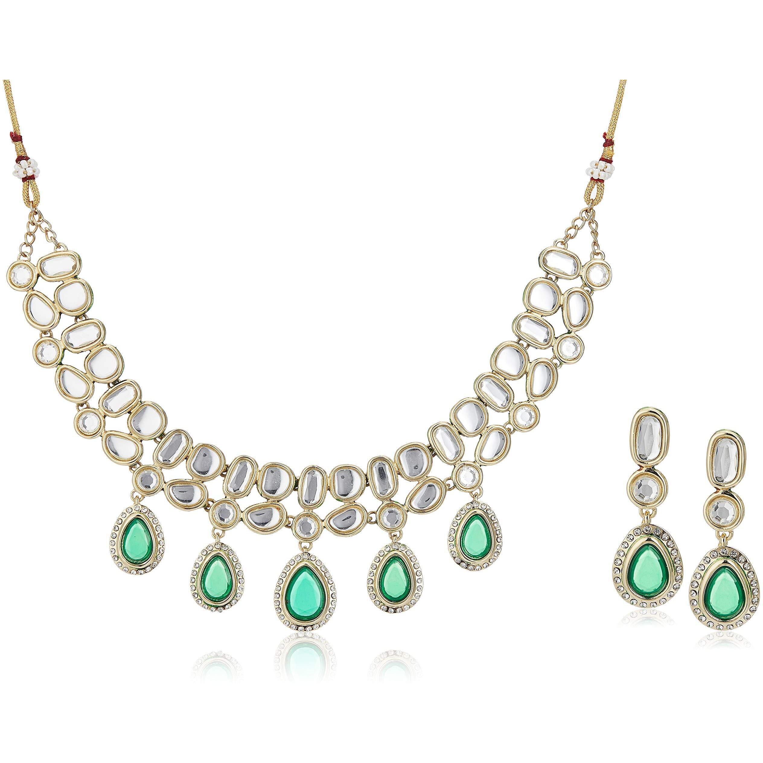 Estele 24 Kt Gold Plated Emeral Kundan Royal Necklaces Set With Earrings For Women