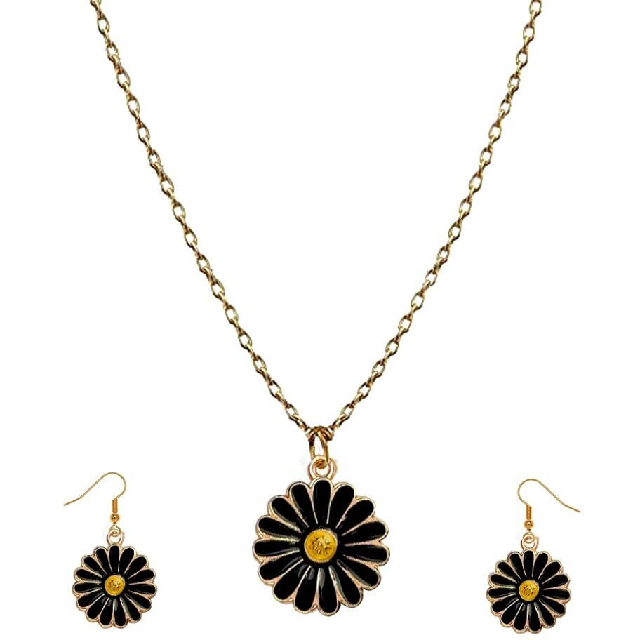 ANNACREATIONS Golden Chain Plated Black Daisy Pendant Necklace With Earrings for Women and Girls