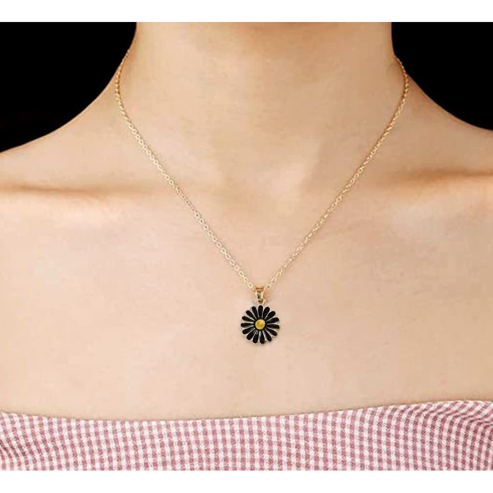 ANNACREATIONS Golden Chain Plated Black Daisy Pendant Necklace With Earrings for Women and Girls