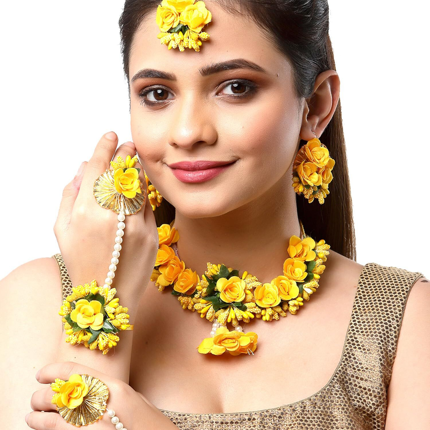 ZENEME Flower Haldi Gota Patti Necklace, Earrings, Bracelet & Maang Tikka for Women & Girls (Mehandi/Haldi/Wedding/Bridal/Baby Shower) (Design 2)