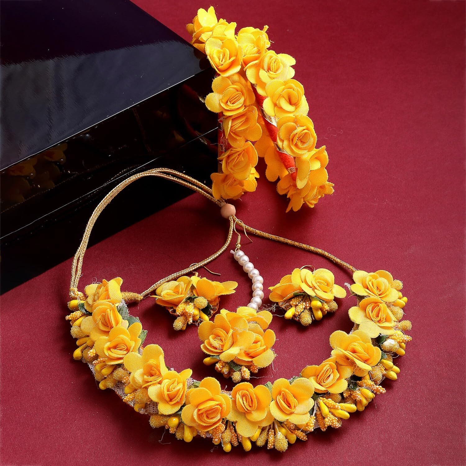 ZENEME Flower Haldi Gota Patti Necklace, Earrings, Bracelet & Maang Tikka for Women & Girls (Mehandi/Haldi/Wedding/Bridal/Baby Shower) (Design 1)