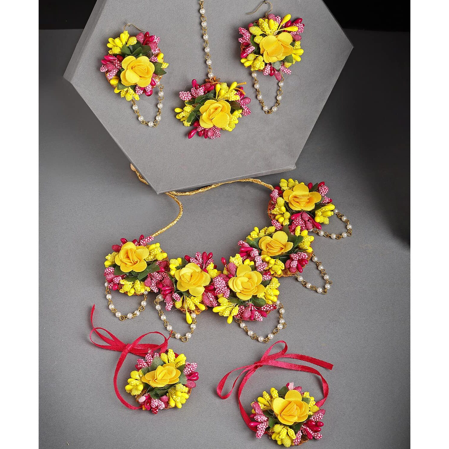 ZENEME Flower Haldi Gota Patti Necklace, Earrings, Bracelet & Maang Tikka for Women & Girls (Mehandi/Haldi/Wedding/Bridal/Baby Shower) (Design 5)