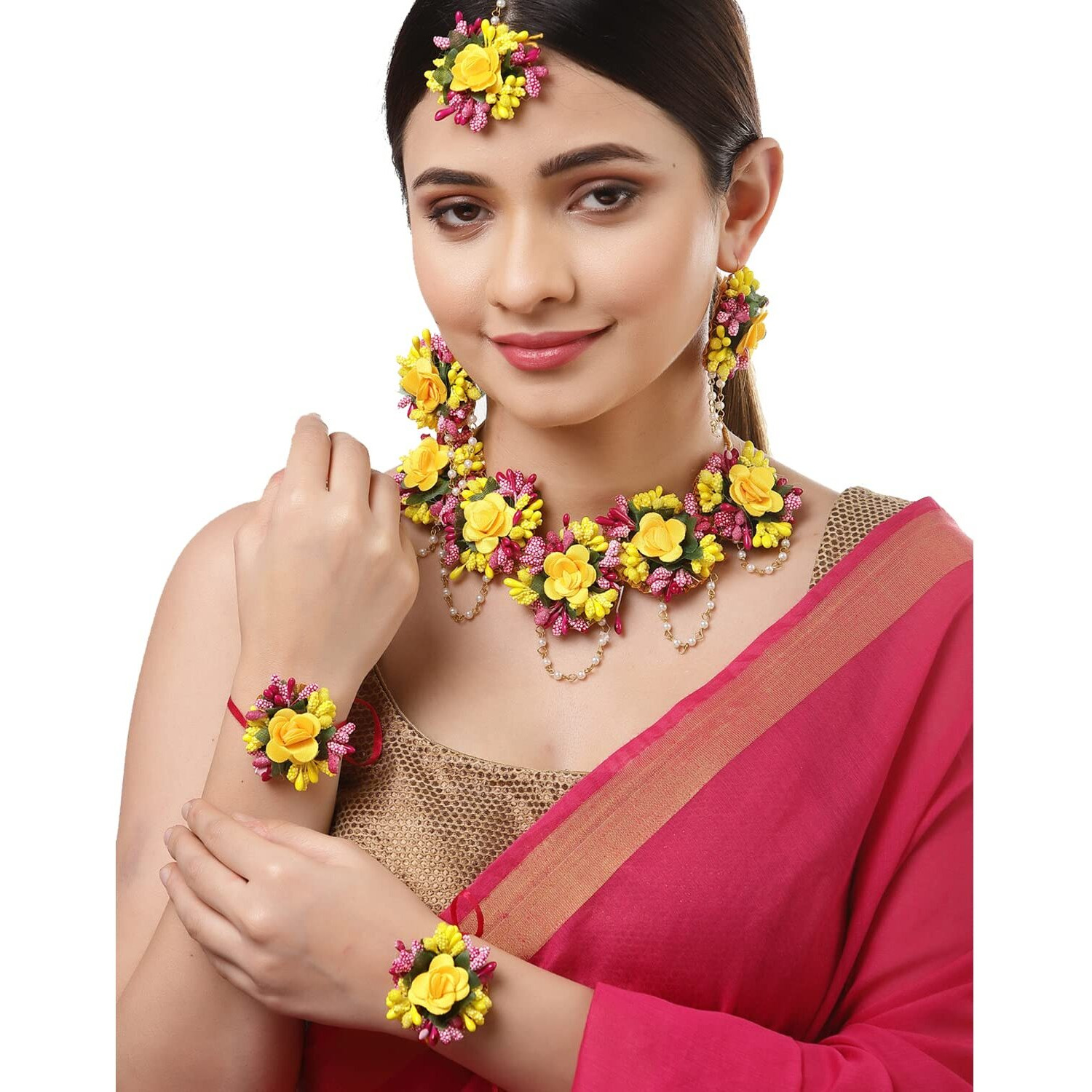 ZENEME Flower Haldi Gota Patti Necklace, Earrings, Bracelet & Maang Tikka for Women & Girls (Mehandi/Haldi/Wedding/Bridal/Baby Shower) (Design 5)