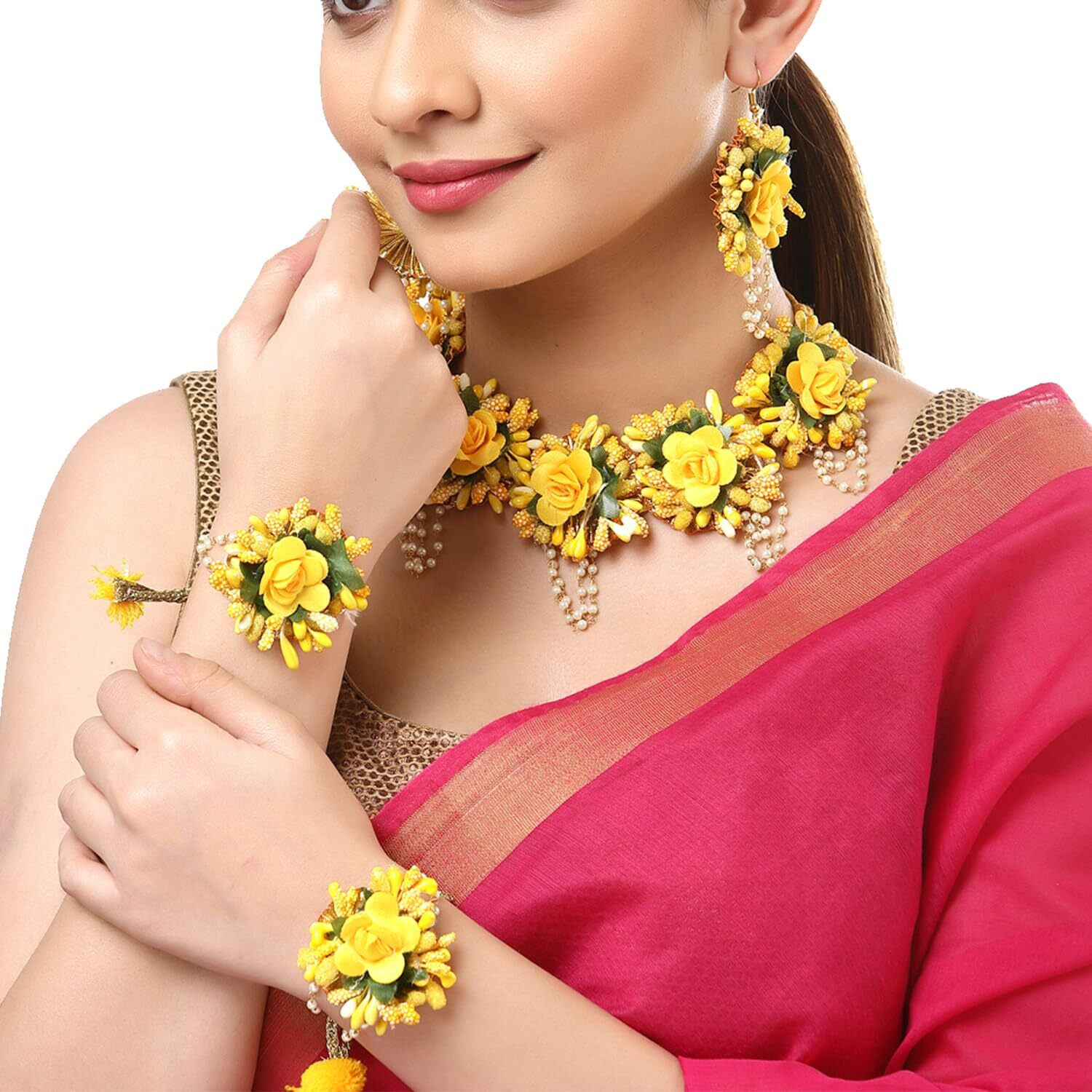 ZENEME Flower Haldi Gota Patti Necklace, Earrings, Bracelet & Maang Tikka for Women & Girls (Mehandi/Haldi/Wedding/Bridal/Baby Shower) (Design 4)