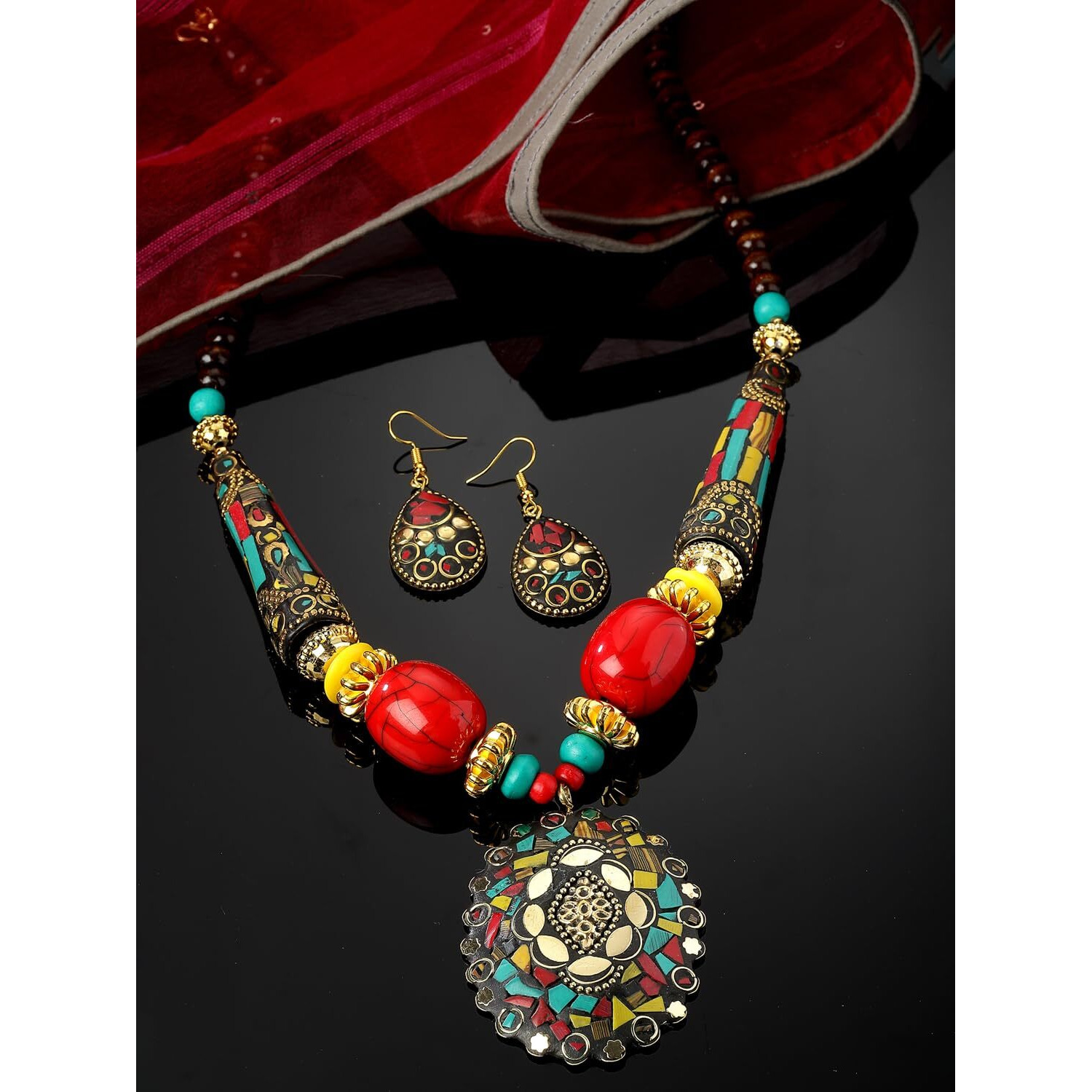 Shining Diva Fashion Latest Stylish Traditional Tibetan Pendant Necklace Jewellery Set for Women (rrsd15542s)