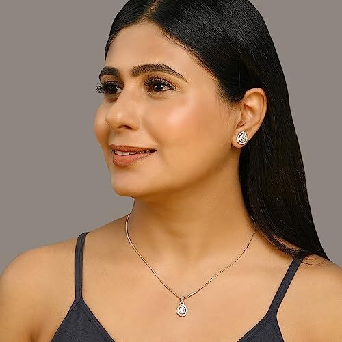 XPNSV Jewelry Luxury Pendant Gift Set for Women, Girls & Her | Pendant with 2 Earrings, Option in 10 Different Color & Design with Gold Silver Princess Cut Round Heart and Oval (Silver, Tear Drop)