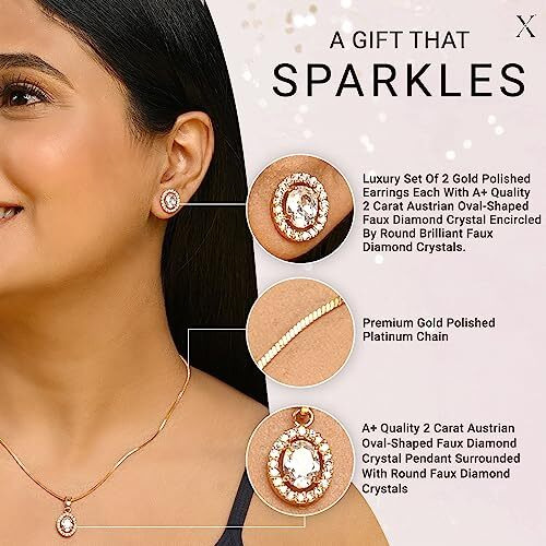 XPNSV Jewelry Luxury Pendant Gift Set for Women, Girls & Her | Pendant with 2 Earrings, Option in 10 Different Color & Design with Gold Silver Princess Cut Round Heart and Oval (Gold, Oval)