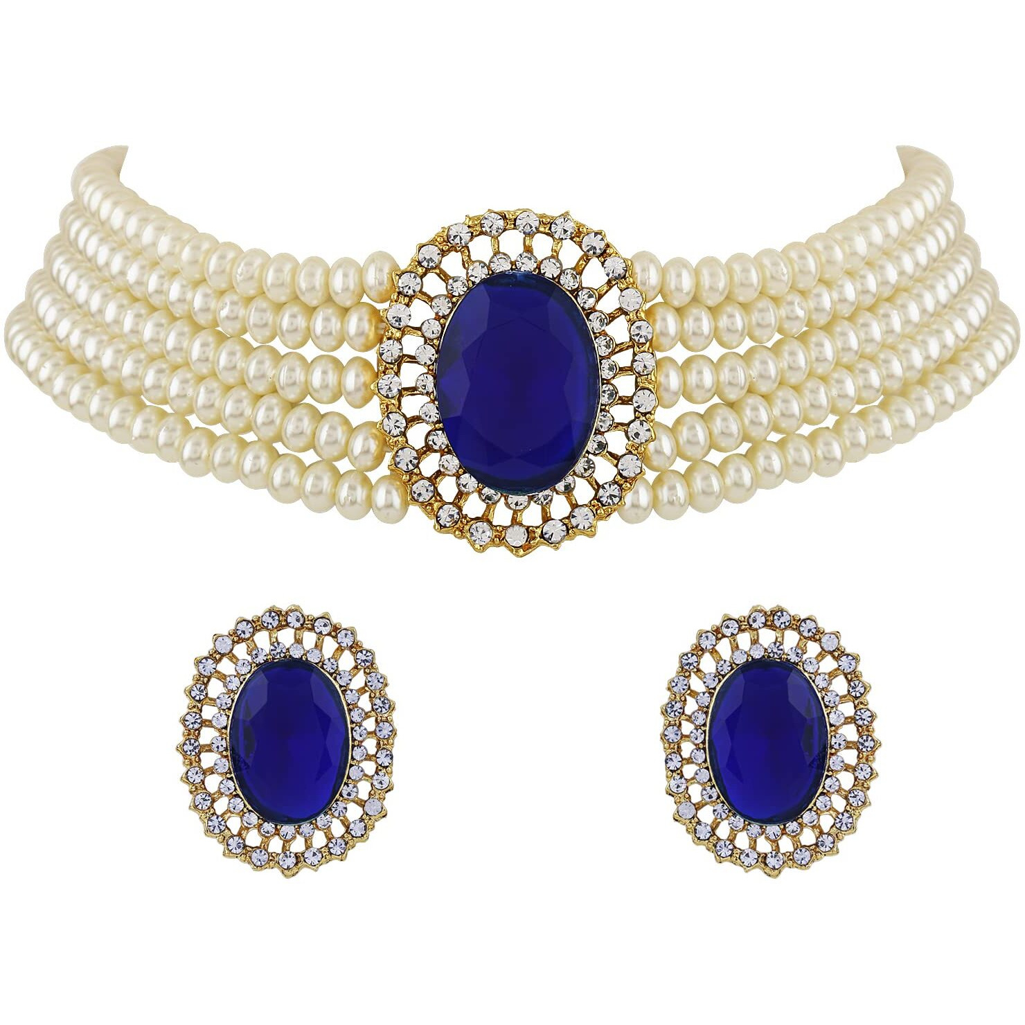 Shining Diva Fashion Latest Stylish Fancy Choker Traditional Pearl Necklace Jewellery Set for Women (12549s), Blue