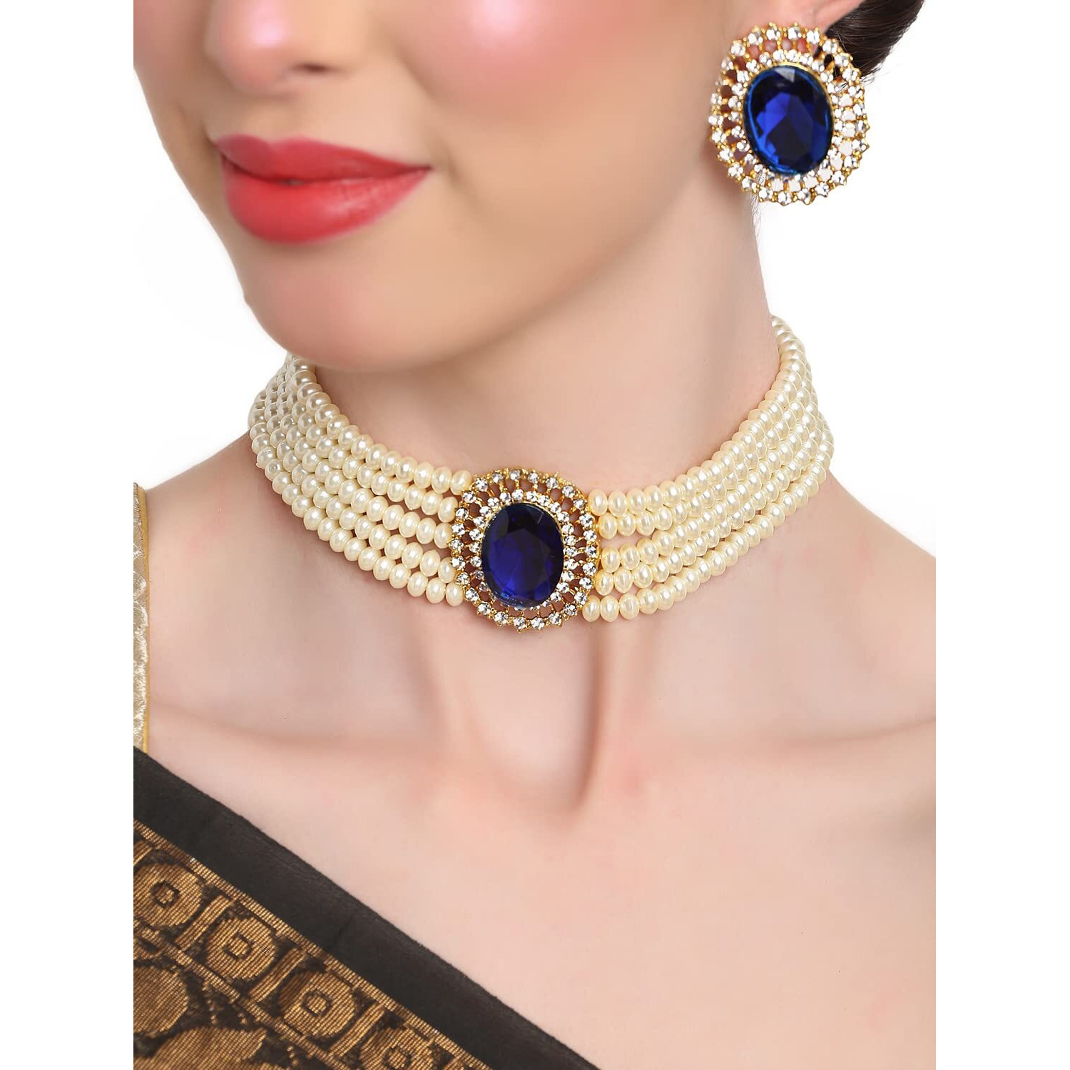 Shining Diva Fashion Latest Stylish Fancy Choker Traditional Pearl Necklace Jewellery Set for Women (12549s), Blue