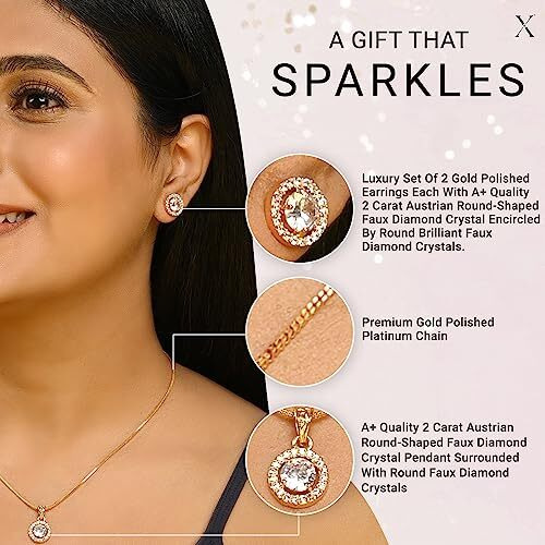 XPNSV Jewelry Luxury Pendant Gift Set for Women, Girls & Her | Pendant with 2 Earrings, Option in 10 Different Color & Design with Gold Silver Princess Cut Round Heart and Oval (Gold, Round)