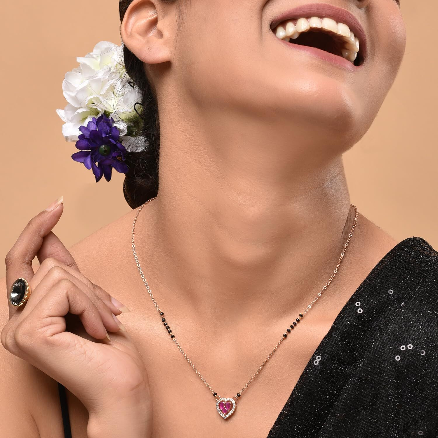 XPNSV Jewelry Luxury Pendant Gift Set Mangalsutra for Women, Girl & Her With American Diamond, Traditional Black Bead, Best Gifting Option in 9 Different Designs (Ruby Heart Shaped)