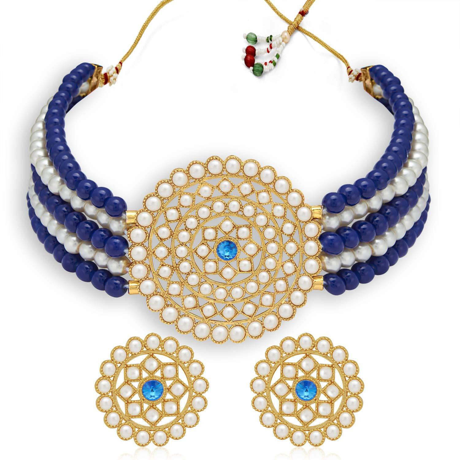 Sukkhi Classic Gold Plated Dark Blue & White Pearl Choker Necklace Set with Stud Earring for Women